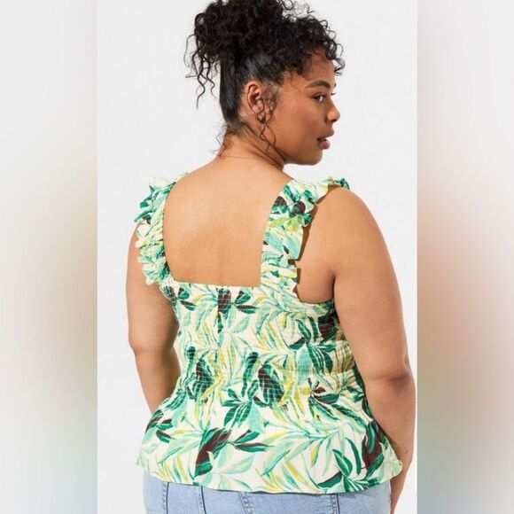 Torrid Green Tropical Floral Print Crinkle Gauze Smocked Tank Top - Picture 3 of 9